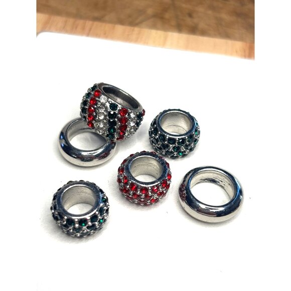 Czech Crystal Large Hole Beads Set Of 6 Red Green Silver Fits European Bracelets - Picture 1 of 6